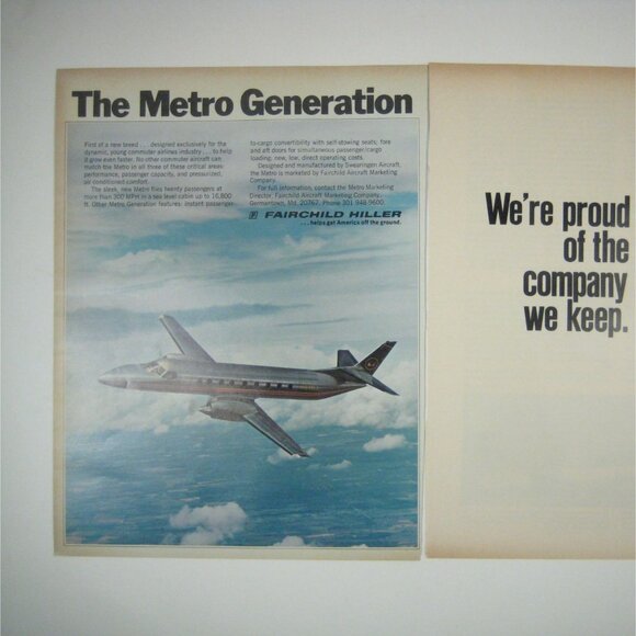 Fairchild Hiller Metro Aircraft Advertisement Print 1960s Ad 2 Pages READ - Picture 2 of 2